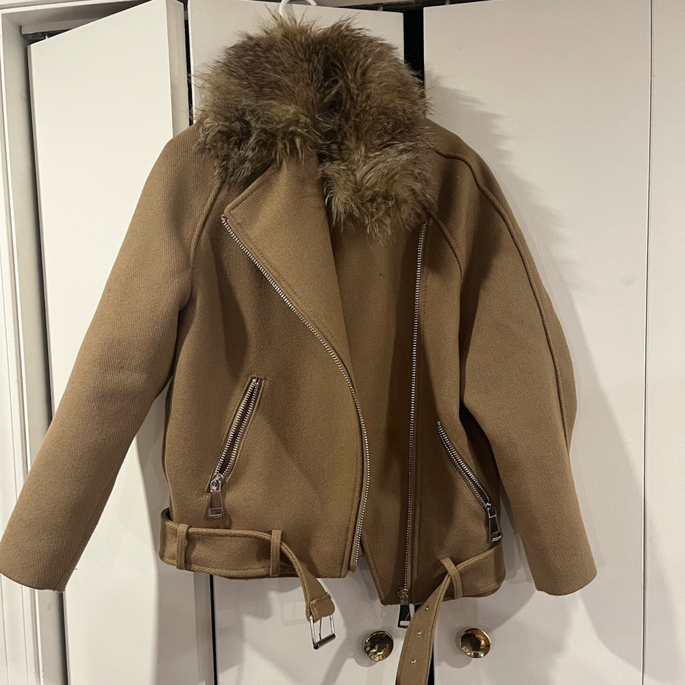 Tan Teddy Jacket with Faux Fur Collar and Belt Detail